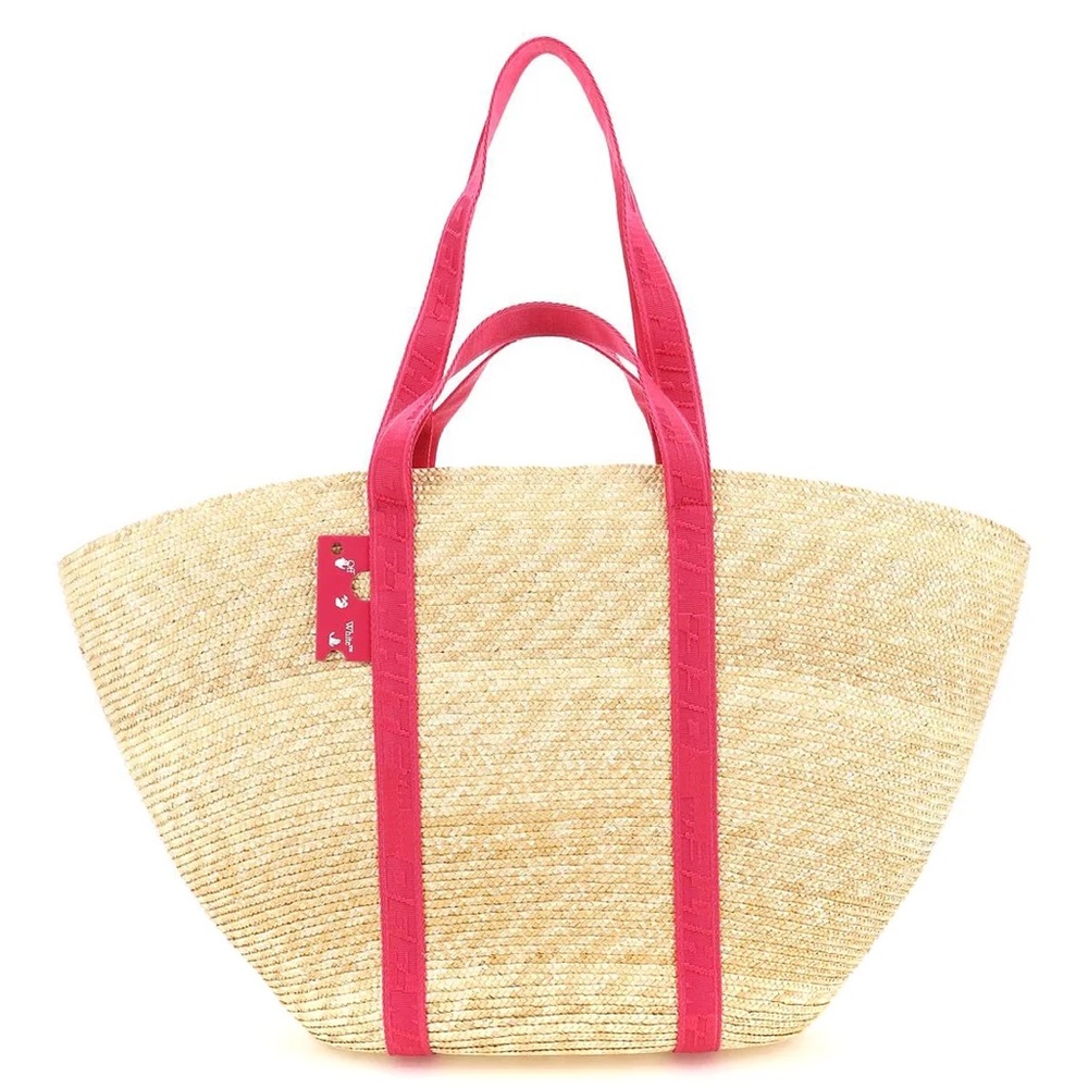 OFF-WHITE STRAW TOTE BAG WITG FUSCIA LEATHER TRIM NWT